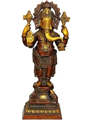 35" Standing Ganesha, Stately And Resplendent In Brass | Handmade | Made In India