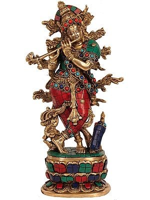 Standing Krishna Playing On His Flute, His Curvaceous Form Done Up In Intricate Inlay