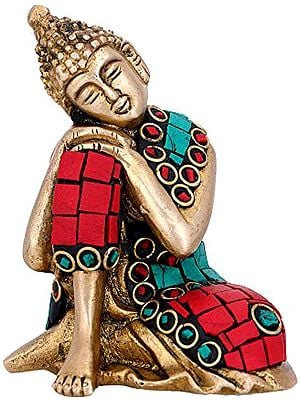 4" Pensive Buddha, His Robes Fashioned From Richly Coloured Inlay In Brass | Handmade | Made In India