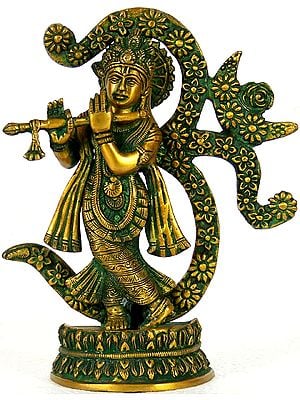 8" Brass Fluting Krishna Statue Against the Backdrop of Om | Handmade | Made in India