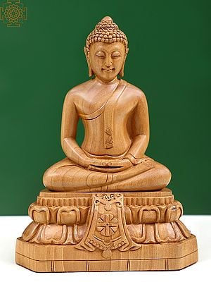 6" Lord Buddha In Dhyana Mudra Seated On Lotus Seat In Wooden