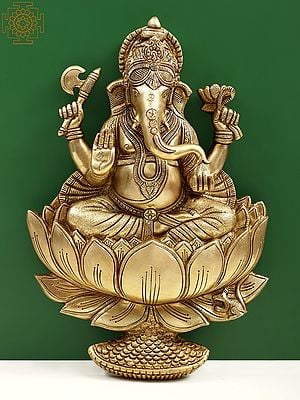 19" Lord Ganesha Seated On Lotus Wall Hanging In Brass