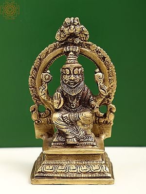 4" Small Brass Lord Narasimha on Pedestal with Kirtimukha Prabhavali