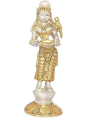 6" Deepalakshmi with Parrot on Her Shoulder in Brass | Handmade | Made in India