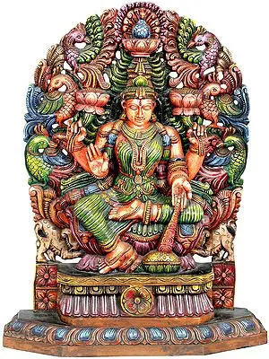 Goddess Lakshmi Wooden Statue with Peacocks Aureole | South Indian Temple Wood Carving