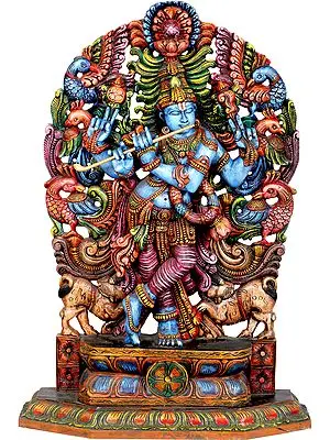 Large Size Cosmic Krishna With Aureole Made of Peacocks