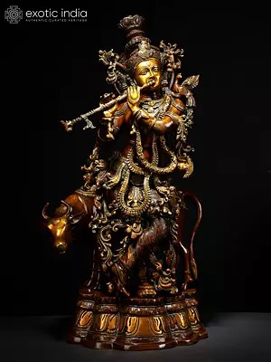 26" Krishna with His Cow In Brass | Handmade | Made In India