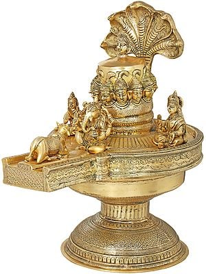 20" Shiva Linga with Shiva Family and Shiva Heads on Linga In Brass | Handmade | Made In India