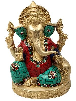 6" Blessing Lord Ganesha Brass Idol with Inlay | Handmade | Made in India