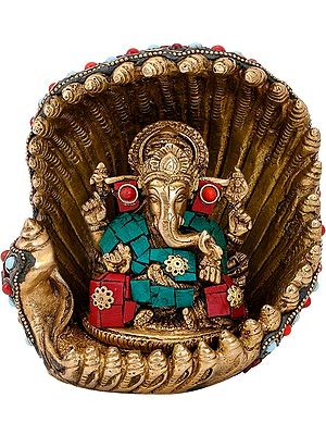 6" Lord Ganesha Seated on Conch Shaped Throne In Brass | Handmade | Made In India