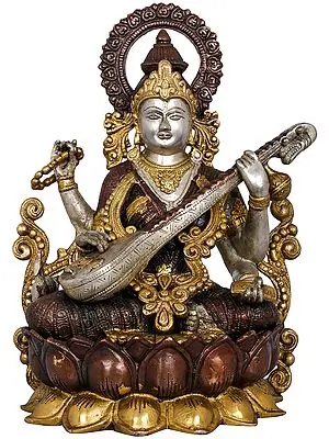 12" Kamalasana Goddess Saraswati In Brass | Handmade | Made In India