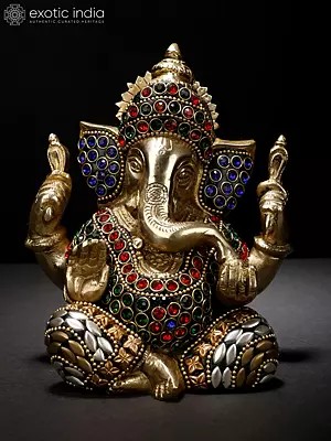 5" Crowned Inlay Ganesha In Brass | Handmade | Made In India