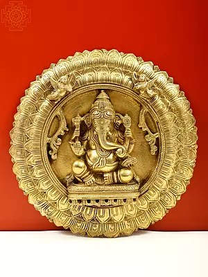 10" Lord Ganesha Wall Hanging Lotus Plate In Brass