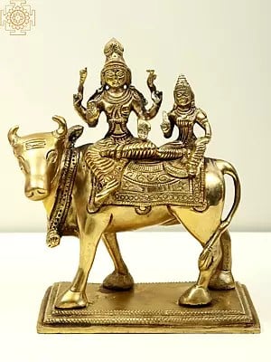 6" Small Lord Shiva with Parvati Seated on Nandi In Brass