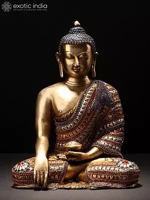 11" Bhumisparsha Shakyamuni Buddha in an Adorable Stone Studded Robe In Brass | Handmade | Made In India