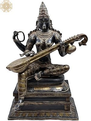 26" Seated Saraswati, In All Her Beauty And Solemnity in Brass | Handmade | Made In India