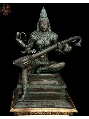 26" Seated Saraswati, In All Her Beauty And Solemnity in Brass | Handmade | Made In India