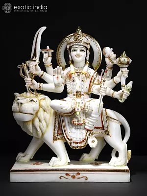 15" Ashtabhuja Goddess Durga | Handmade | Marble Durga Maa Statue | Marble Durga Murti | Goddess Durga Idol Sitting on Lion | Ambe Maa Murti