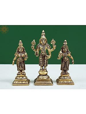 4" Small Brass Lord Vishnu Statue with Shridevi and Bhudevi
