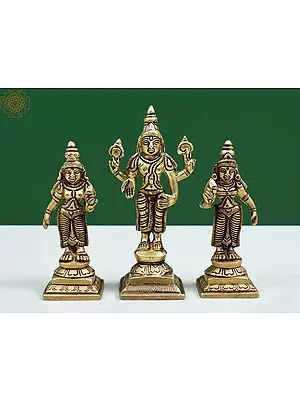 4" Small Brass Lord Vishnu Statue with Shridevi and Bhudevi