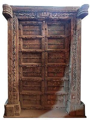 80" Large Wood Door And Flower Design In Frame | Antique Door