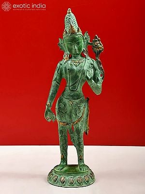 16" Tibetan Buddhist Deity- Standing Tara (Dhoti Decorated with Vegetative Designs) in Brass | Handmade | Made in India