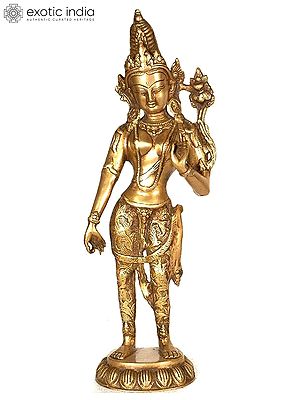 16" Tibetan Buddhist Deity- Standing Tara (Dhoti Decorated with Vegetative Designs) in Brass | Handmade | Made in India