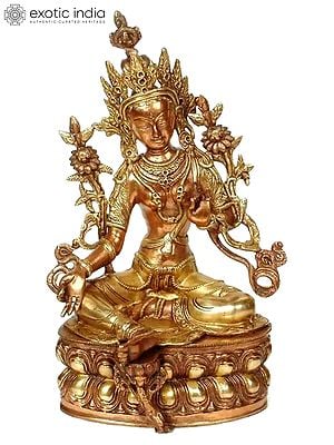 14" Tibetan Buddhist Deity The Green Tara In Dual-tone Finish In Brass | Handmade | Made In India