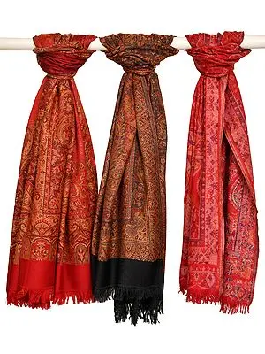 Lot of Three Jamawar Shawls and Stole with All-Over Weave