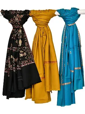 Lot of Three Kashmiri Shawls with Sozni Hand-Embroidery