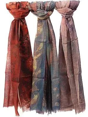 Lot of Three Digital-Printed Shawls