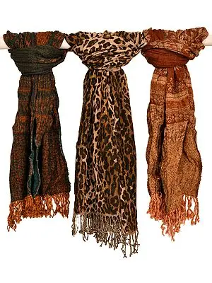 Crushed Scarves with Printed Stole (Lot of Three)