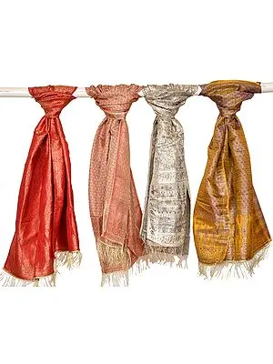 Lot of Four Zari-Brocaded Scarves from Banaras with Woven Paisleys