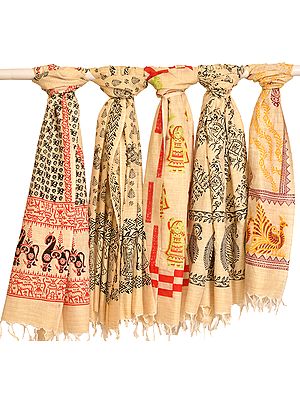 Lot of Five Dupattas from Jharkhand with Folk Pint