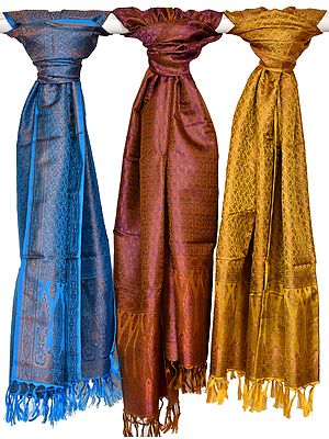 Lot of Three Brocaded Banarasi Scarves with Dense Weave
