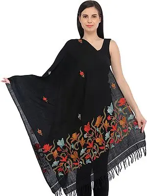 Phantom-Black Aari Stole from Kashmir with Hand-Embroidered Flowers on Border