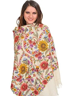 Ivory Kashmiri Stole with Aari Floral Hand-Embroidery All-Over