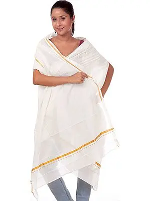 White Veshti Shawl from Kerala with Zari Border