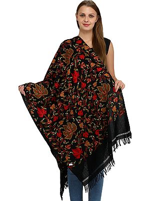 Phantom-Black Stole from Kashmir with Hand-Embroidered Maple Leaves