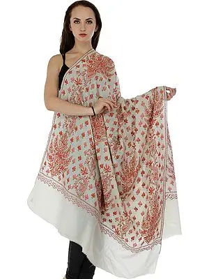 Ivory Kashmiri Tusha Shawl with Hand Needle-Embroidered Chinar Leaves and Paisleys