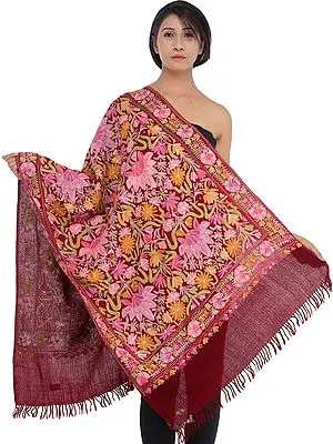 Maroon Aari-Embroidered Stole from Kashmir