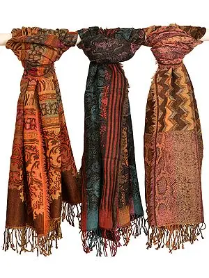Lot of Three Reversible Jamawar Stoles
