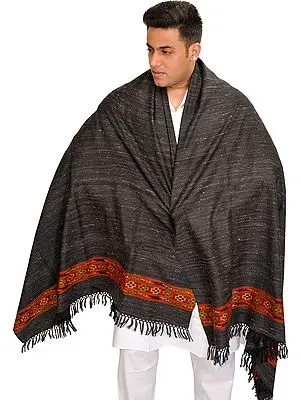 Black Kullu Shawl for Men with Kinnauri Woven Border