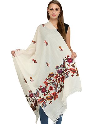 Stole from Kashmir with Aari Hand-Embroidered Flowers on Border