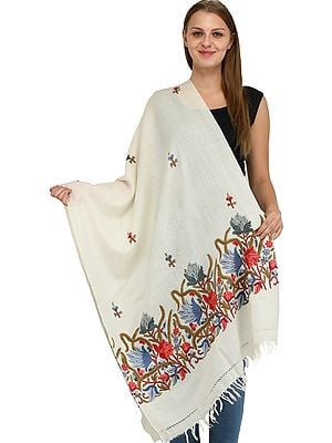 Stole from Kashmir with Aari Hand-Embroidered Flowers on Border
