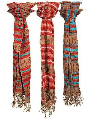Lot of Three Jamawar Scarf with Woven Stripes