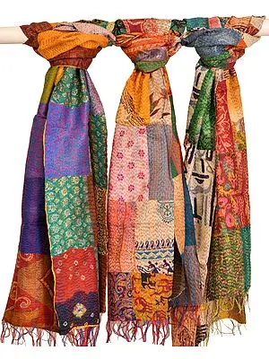 Lot of Three Patchwork Reversible Scarves from Kolkata with Kantha Stitch Embroidery All-Over