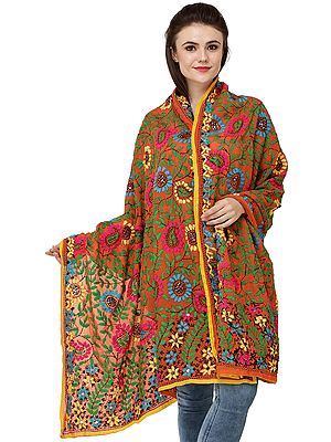 Phulkari Dupatta from Punjab with Crewel Embroidery and Large Sequins