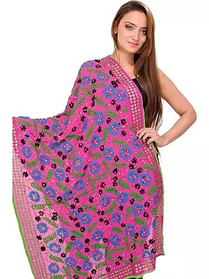 Phulkari Dupatta from Punjab with Crewel Embroidery and Sequins