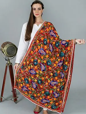 Phulkari Dupatta from Punjab with Crewel Embroidery and Sequins